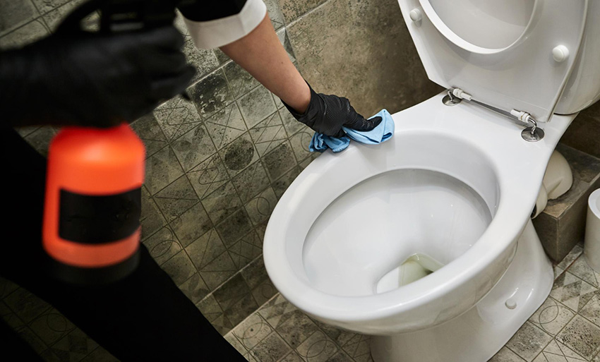 Osoba w czarnych rękawiczkach czyści toaletę, używając niebieskiej ściereczki i trzymając pojemnik z środkiem czyszczącym PERS
